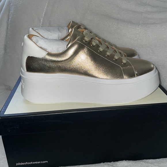 NWT J/SLIDES HALLY Gold Metallic & White Leather - Picture 8 of 16